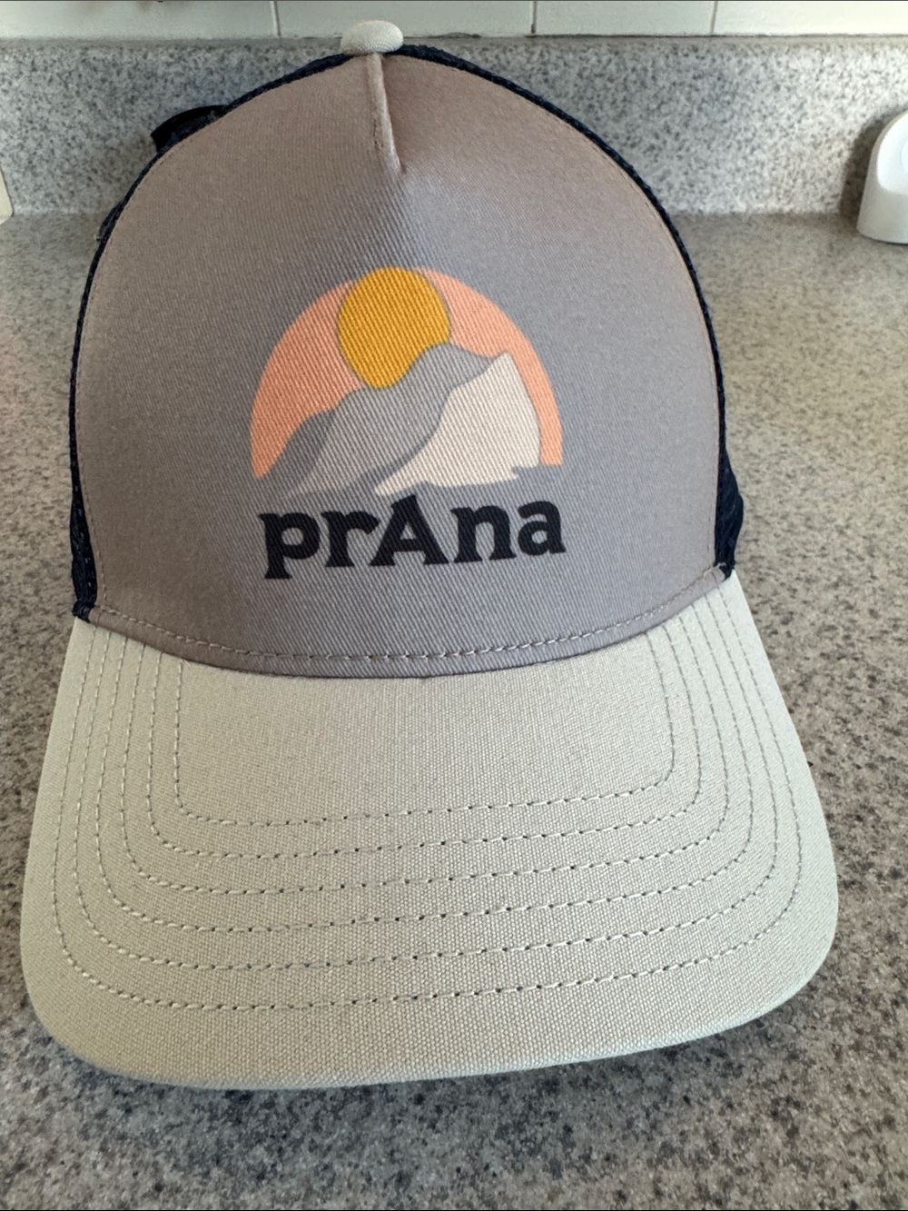 Prana Two-Tone Logo Trucker Hat in Gray, Cream & Navy